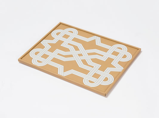 San Marco Rectangular Tray N.2 by Giobagnara | Leather-covered wood structure with an interweaving decorative motif inspired by a marble grating of a window of the Prison of San Marco in Venice | San Marco Collection | Combines historic legacy with modernity, celebrating Venice's artistic and cultural heritage | Home Decor and Serveware | 2Jour Concierge, your luxury lifestyle shop