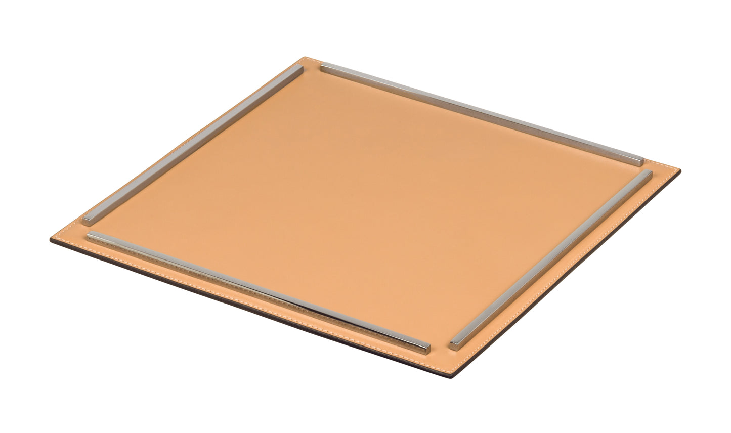 Campo Leather-Covered Tray with Metal Frame, Square M, Chrome