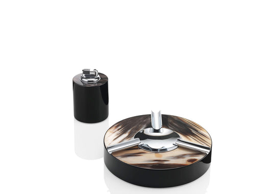 Clinio Ashtray by Arcahorn | Ashtray crafted from dark horn and wood with a lacquered black gloss finish, complemented by chromed brass accents | Home Decor and Ashtrays | 2Jour Concierge, your luxury lifestyle shop