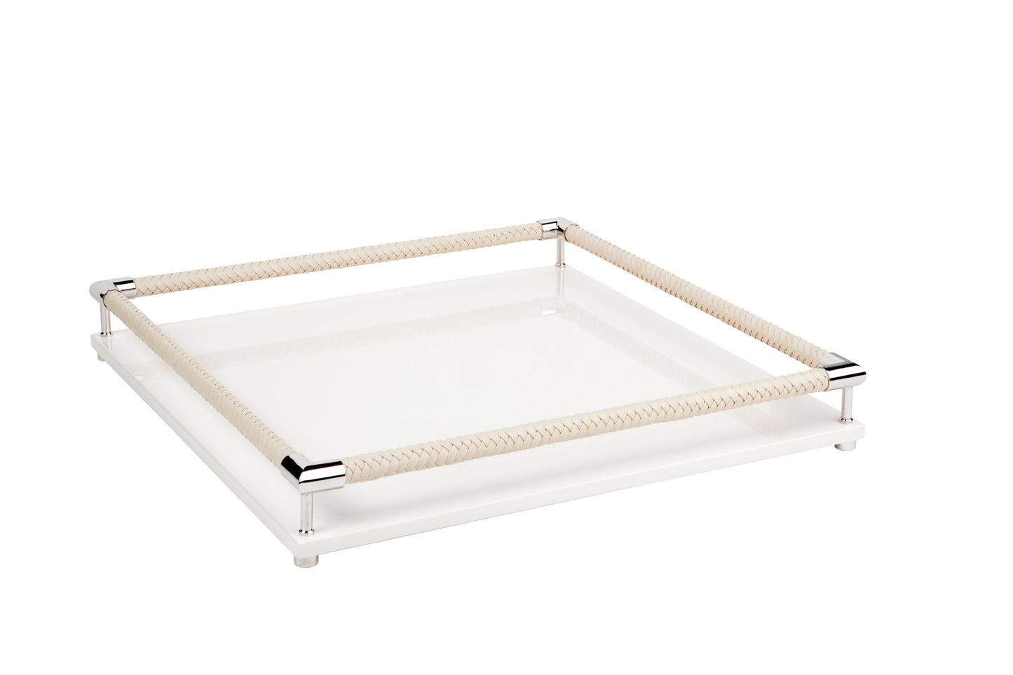 Thea Lacquered Wood Tray with Braided Leather Railing
