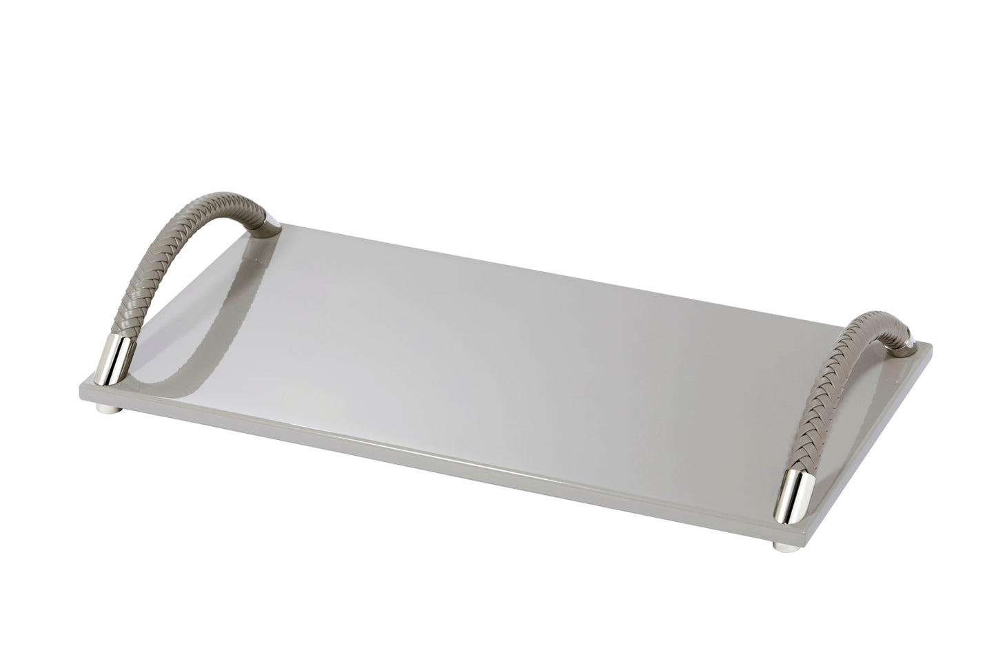 Riviere Dalia Lacquer Rectangular Tray | Lacquered Tray | Handwoven Leather Curved Handles | Chrome or Gold Details | Elegant Home Decor Addition | Find Luxury Home Accessories at 2Jour Concierge, #1 luxury high-end gift & lifestyle shop