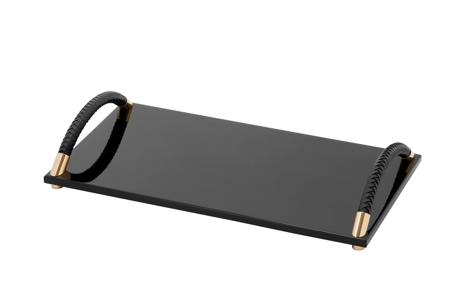 Riviere Dalia Lacquer Rectangular Tray | Lacquered Tray | Handwoven Leather Curved Handles | Chrome or Gold Details | Elegant Home Decor Addition | Find Luxury Home Accessories at 2Jour Concierge, #1 luxury high-end gift & lifestyle shop
