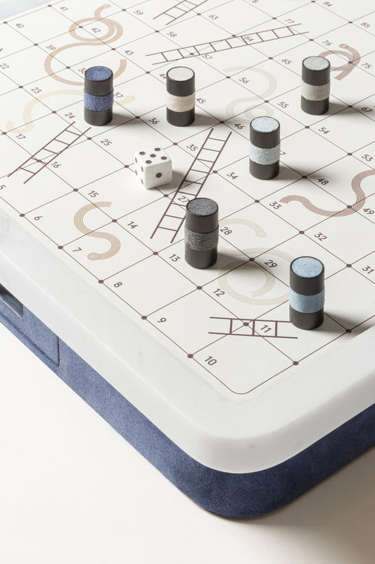Giobagnara Delos Marble Snakes & Ladders Game Set | Leather-Covered Wood Structure with Marble Top and Printed Leather Playing Field | Metal Playing Pieces in Three Finishes with Fine Leather Inserts | Removable Drawer for Convenient Storage | Luxurious and Stylish Entertainment | Explore a Range of Luxury Board Games, Classic Games, and Gift Games at 2Jour Concierge, #1 luxury high-end gift & lifestyle shop