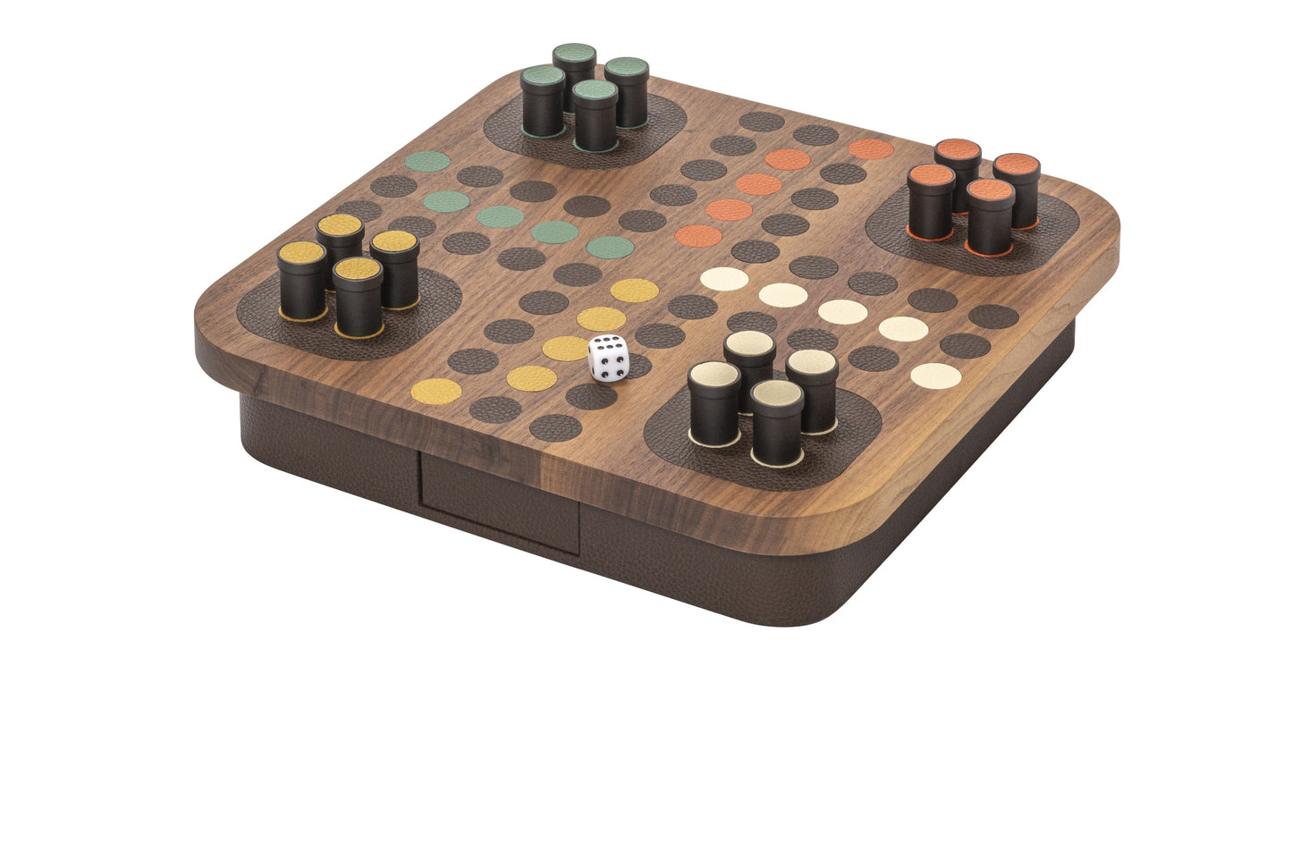 Giobagnara Delos Wood Ludo Game Set | Exquisite Walnut Wood Playing Field, Leather Inserts, and Base | Metal Game Pieces with Matching Leather Inserts | Removable Drawer for Storage of Playing Pieces and Dice | Stylish and Elegant Entertainment | 2Jour Concierge, #1 luxury high-end gift & lifestyle shop