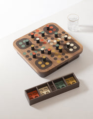 Delos Walnut Wood Ludo Game Set with Leather Inserts and Metal Pieces