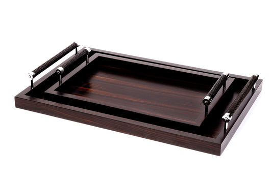Diana Ebony Tray by Riviere | Macassar ebony tray with handwoven leather handles. | Home Decor and Serveware | 2Jour Concierge, your luxury lifestyle shop