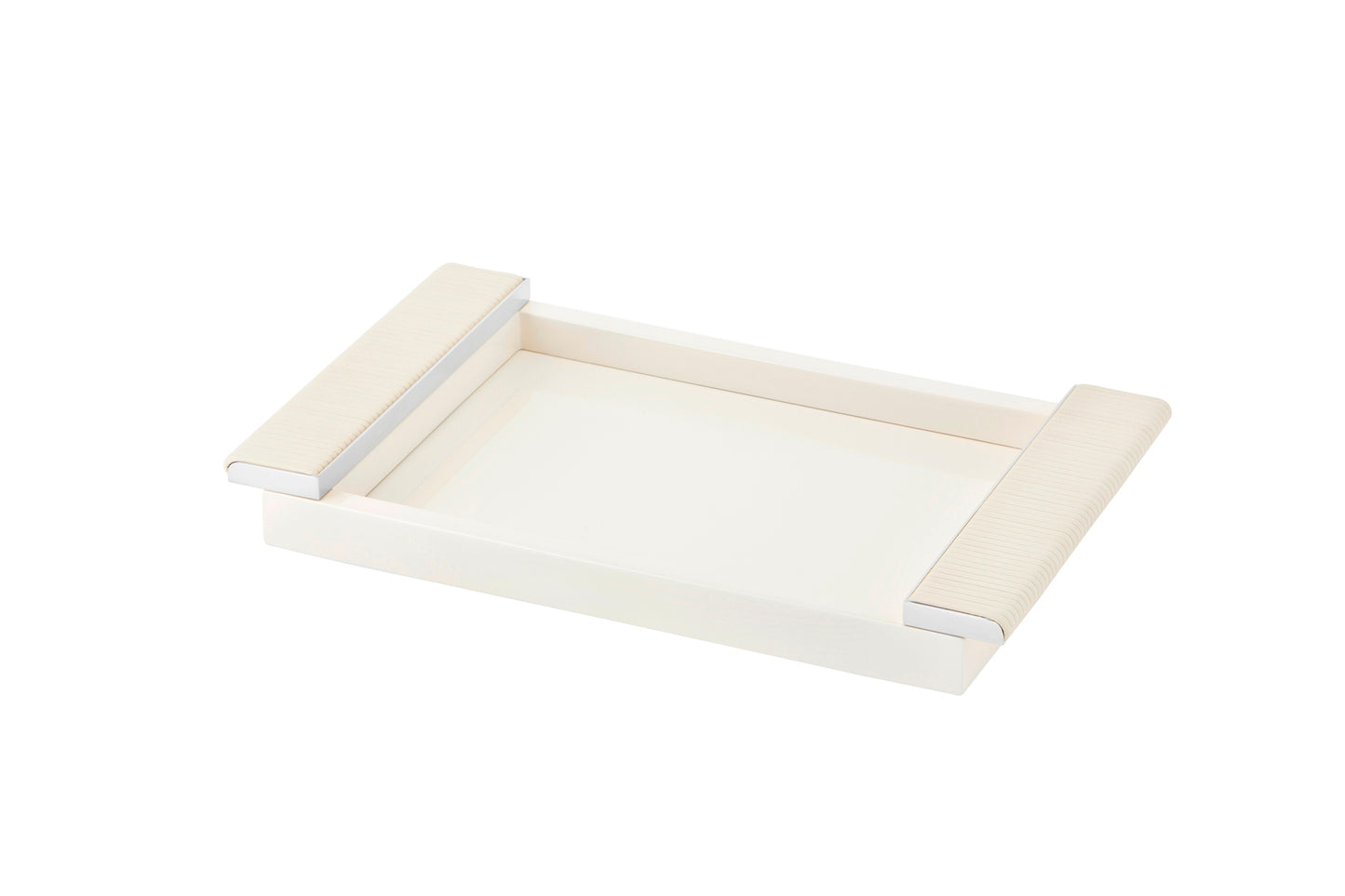 Riviere Circe Lacquer Rectangular Tray | Lacquered Tray | Leather Wrapped Handles | Chrome or Gold Details | Perfect for Yacht Interiors | Available at 2Jour Concierge, #1 luxury high-end gift & lifestyle shop