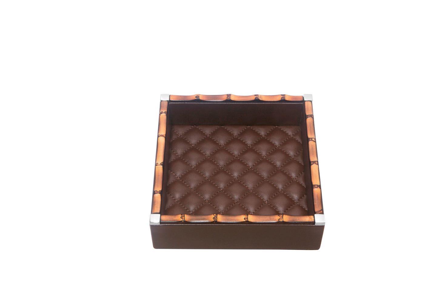 Riviere Bice Leather Quilted Diamonds Square Valet Tray | Padded Lining | Bamboo Trim | Ideal for Yacht Decor | Available at 2Jour Concierge, #1 luxury high-end gift & lifestyle shop