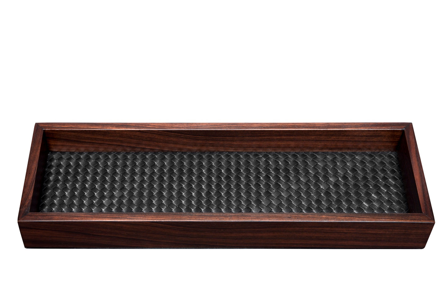 Riviere Febe Ebony | Valet Trays: Macassar ebony structure with handwoven padded leather lining, available in multiple shapes | Decor / Valet Trays | 2Jour Concierge, your luxury lifestyle shop | luxury interiors, refined craftsmanship, elegant living, designer home accessories, boutique hotels, yacht décor