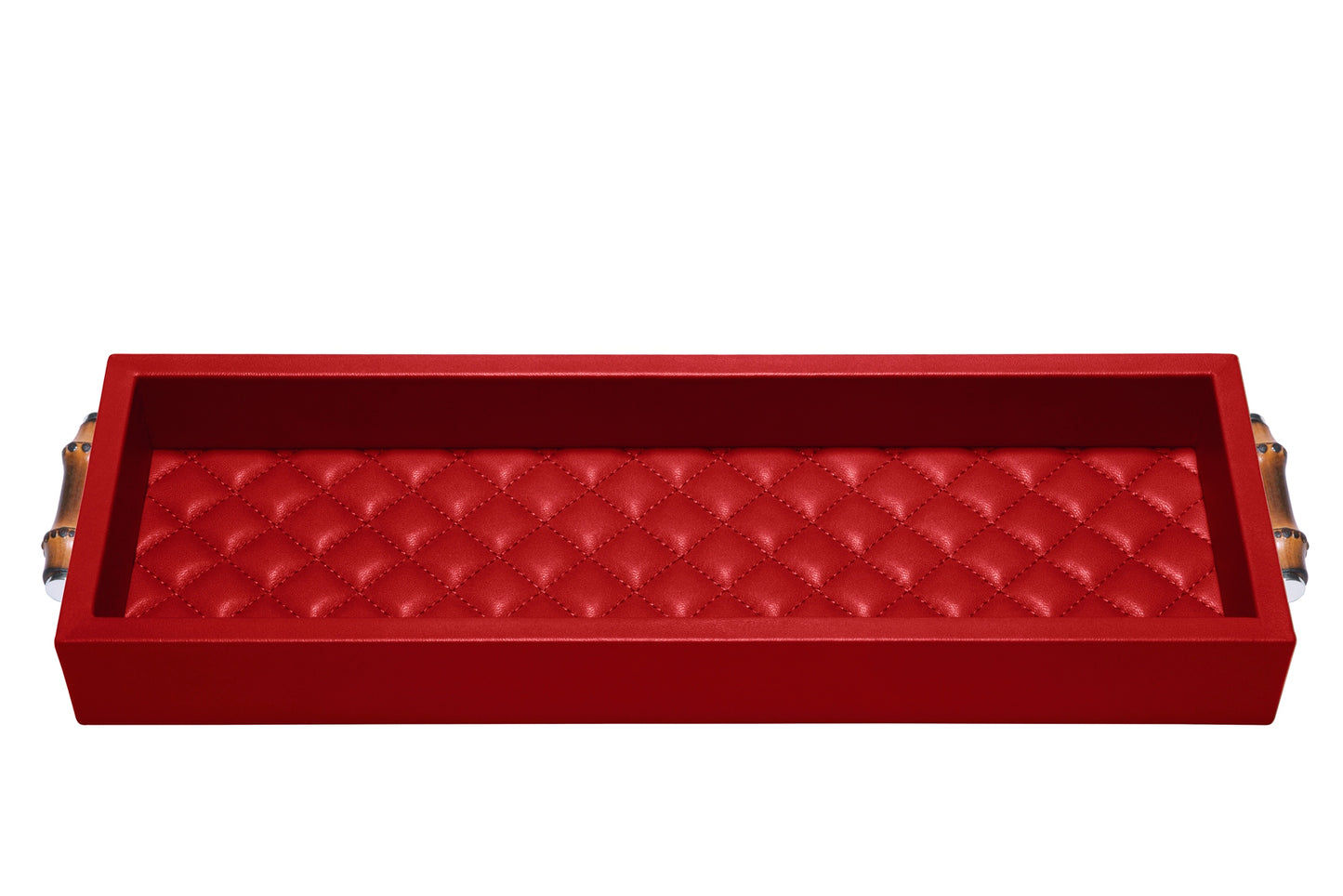 Frida Diamonds Leather Valet Tray Long Rectangular with Bamboo Handles
