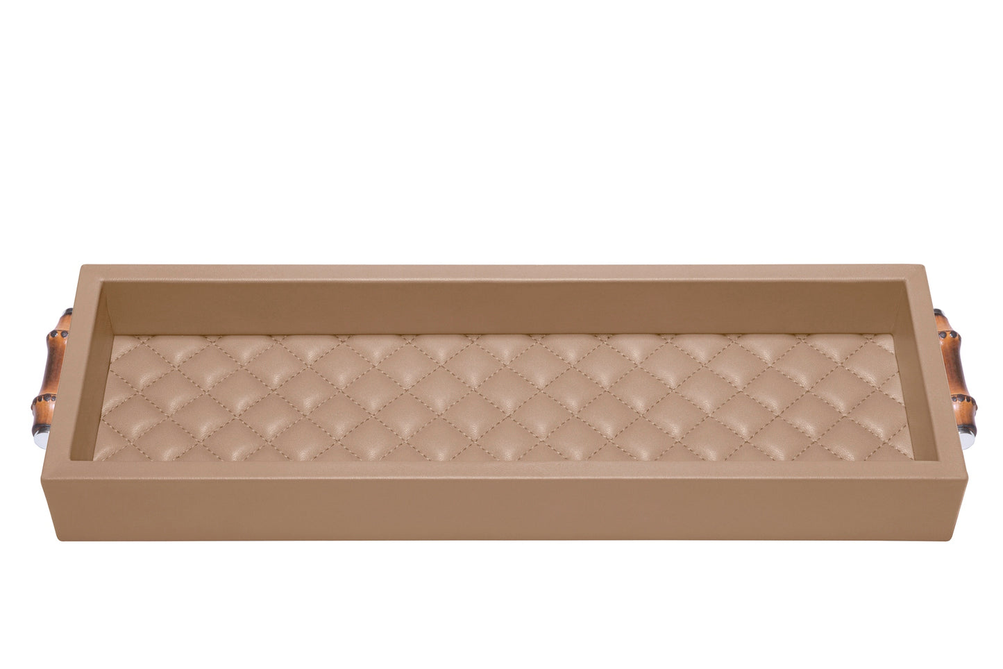 Frida Diamonds Leather Valet Tray Long Rectangular with Bamboo Handles