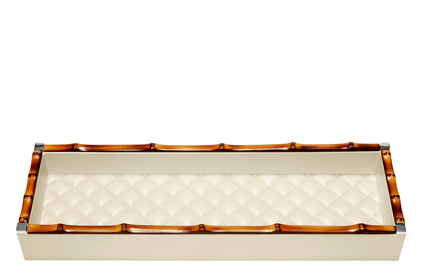 Riviere Bice Diamonds Long Rectangular Valet Tray | Leather tray with quilted diamonds padded lining and bamboo trim | Home Decor and Serveware | 2Jour Concierge, your luxury lifestyle shop