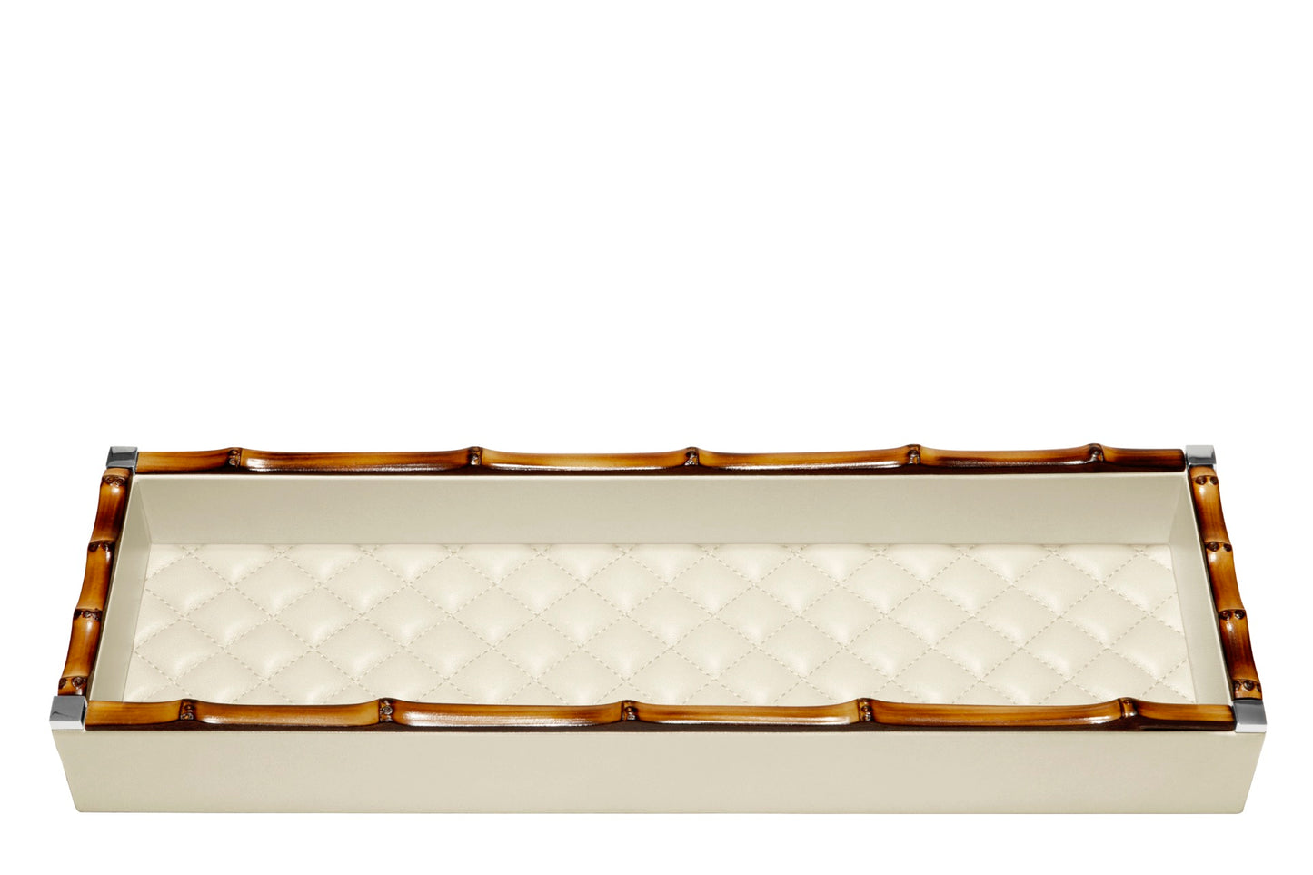 Bice Quilted Diamonds Leather Valet Tray With Bamboo Trim