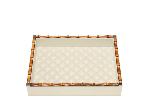 Bice Quilted Diamonds Leather Valet Tray With Bamboo Trim