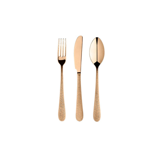 Zanetto Fuoco | Dessert Set: Fine stainless steel with Intreccio hammered texture and shiny PVD finish, perfect for refined dessert or fruit courses; includes spoon, knife, and fork | Tableware & Serveware / Other Accessories | 2Jour Concierge, your luxury lifestyle shop