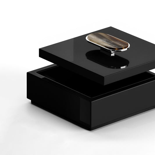 Arcahorn Priora Square Box | Wood with Lacquered Black Gloss Finish | Lid in Wood with Lacquered Black Gloss Finish | Handle in Horn and Chromed Brass | Elegant Storage Solution | Perfect for Yacht Decor | Explore a Range of Luxury Home Accessories at 2Jour Concierge, #1 luxury high-end gift & lifestyle shop