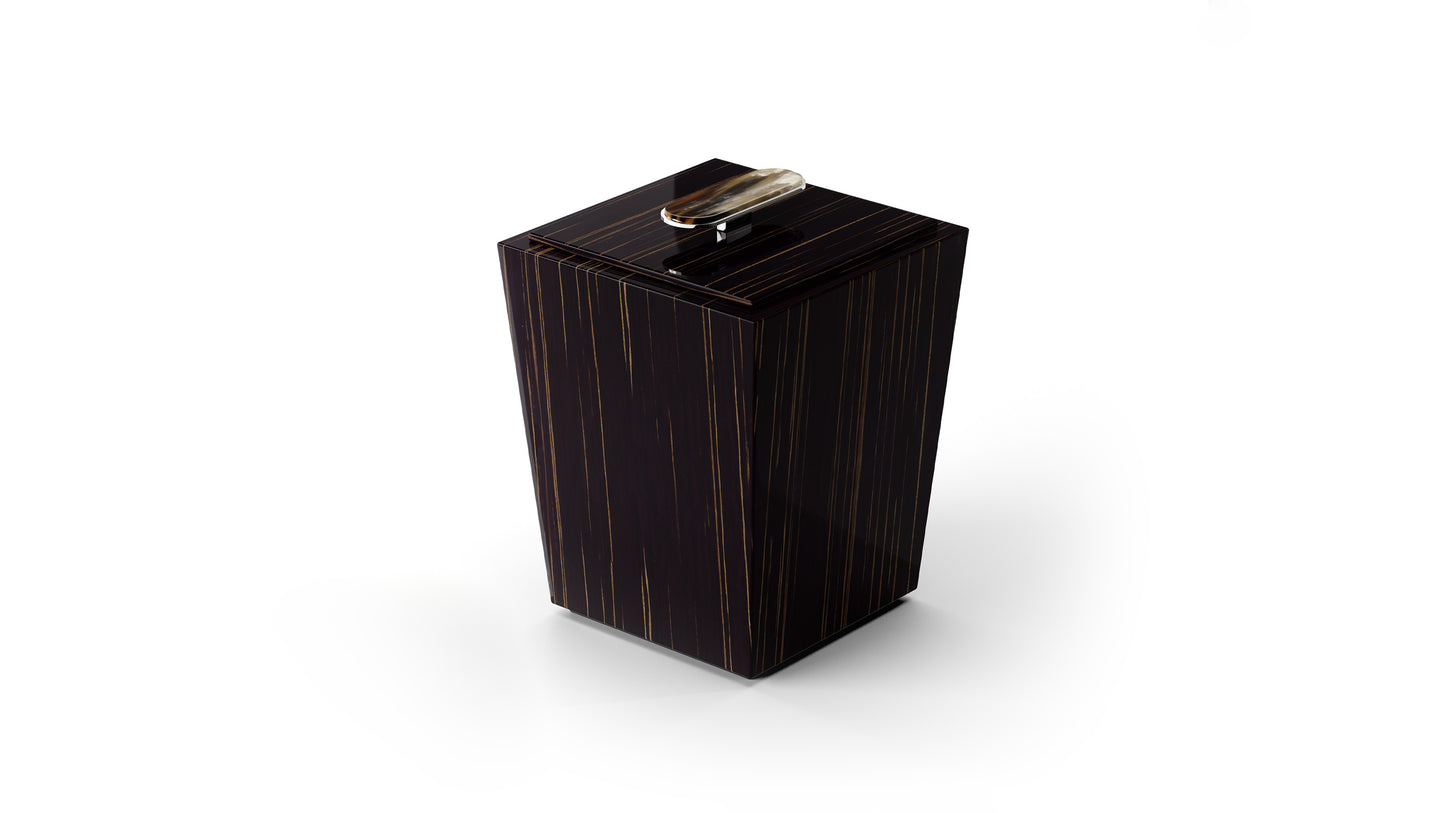 Arcahorn Bicco Waste Paper Basket | Glossy Ebony Construction | Lid with Horn Handle and Chromed Brass | Stylish Addition for Yacht Decor | Find Luxury Home Accessories at 2Jour Concierge, #1 luxury high-end gift & lifestyle shop