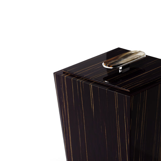 Arcahorn Bicco Waste Paper Basket | Glossy Ebony Construction | Lid with Horn Handle and Chromed Brass | Stylish Addition for Yacht Decor | Find Luxury Home Accessories at 2Jour Concierge, #1 luxury high-end gift & lifestyle shop
