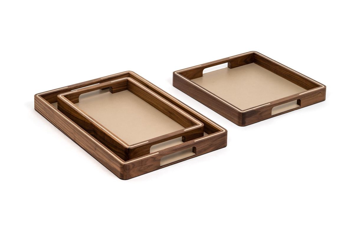 Pinetti | Adamante Tray: walnut wood tray with leather top and inlay, three sizes | Trays | 2Jour Concierge, your luxury lifestyle shop | Pinetti Adamante tray, walnut leather tray, luxury wooden tray, Italian designer tray