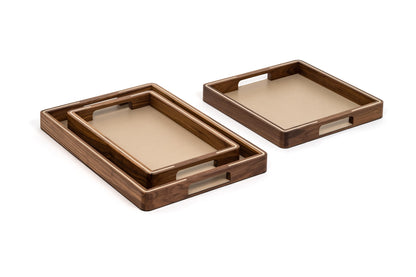 Pinetti | Adamante Tray: walnut wood tray with leather top and inlay, three sizes | Trays | 2Jour Concierge, your luxury lifestyle shop | Pinetti Adamante tray, walnut leather tray, luxury wooden tray, Italian designer tray