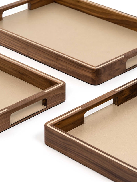 Pinetti | Adamante Tray: walnut wood tray with leather top and inlay, three sizes | Trays | 2Jour Concierge, your luxury lifestyle shop | Pinetti Adamante tray, walnut leather tray, luxury wooden tray, Italian designer tray