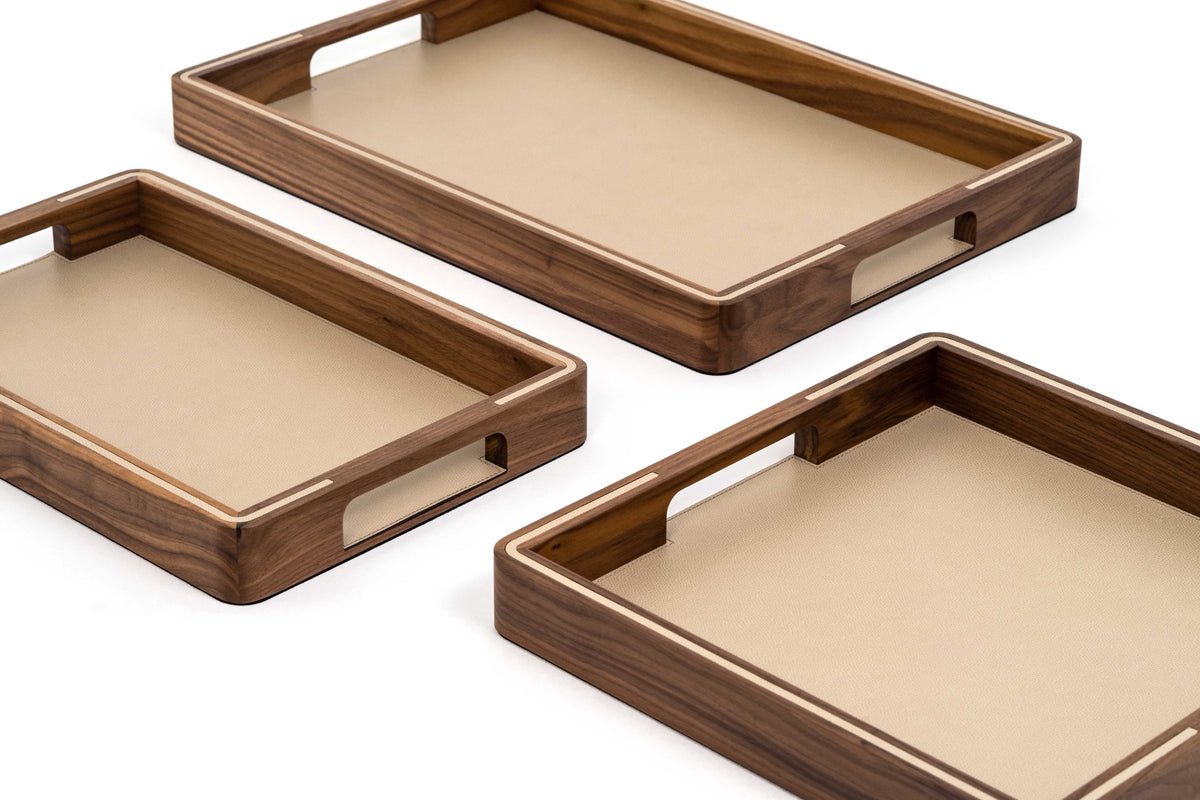 Pinetti | Adamante Tray: walnut wood tray with leather top and inlay, three sizes | Trays | 2Jour Concierge, your luxury lifestyle shop | Pinetti Adamante tray, walnut leather tray, luxury wooden tray, Italian designer tray