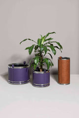 Leather-Covered Metal Cachepot With Wheels Small