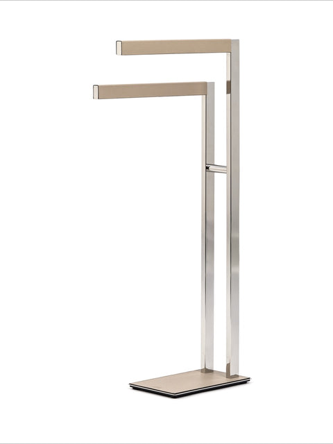 Pinetti | Rialto Leather-Covered Towel Stand: Leather-covered metal towel stand in chrome, satin or burnished | Bathroom | 2Jour Concierge, your luxury lifestyle shop | luxury towel stand, leather towel holder, Pinetti Rialto bathroom, Italian luxury bathroom accessories, designer towel rack, premium bathroom furniture, chrome satin burnished towel stand