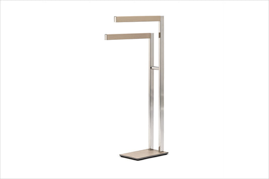 Pinetti | Rialto Leather-Covered Towel Stand: Leather-covered metal towel stand in chrome, satin or burnished | Bathroom | 2Jour Concierge, your luxury lifestyle shop | luxury towel stand, leather towel holder, Pinetti Rialto bathroom, Italian luxury bathroom accessories, designer towel rack, premium bathroom furniture, chrome satin burnished towel stand