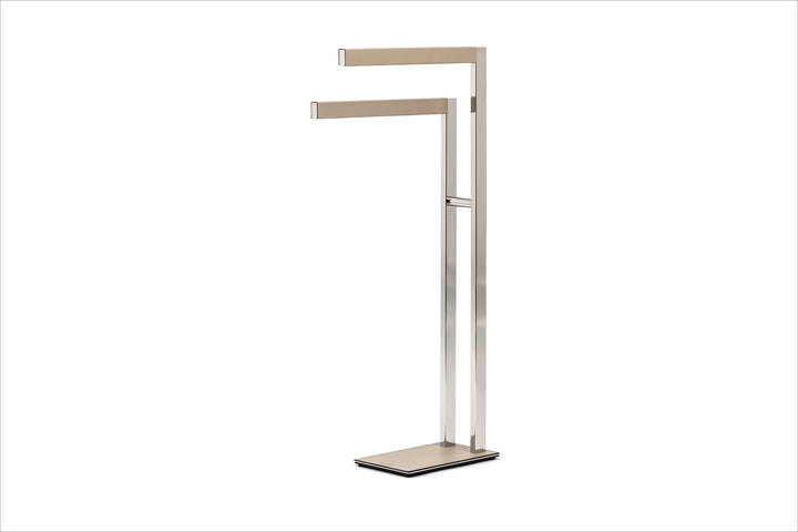 Pinetti | Rialto Leather-Covered Towel Stand: Leather-covered metal towel stand in chrome, satin or burnished | Bathroom | 2Jour Concierge, your luxury lifestyle shop | luxury towel stand, leather towel holder, Pinetti Rialto bathroom, Italian luxury bathroom accessories, designer towel rack, premium bathroom furniture, chrome satin burnished towel stand