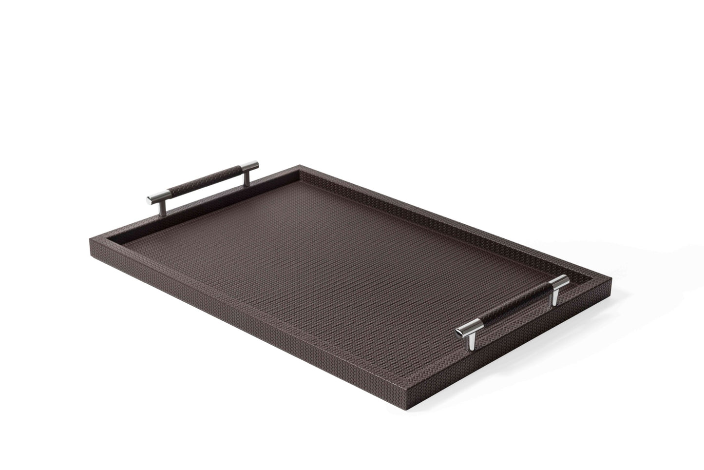 Dedalo  Leather-Covered Wood Tray with Metal Handles