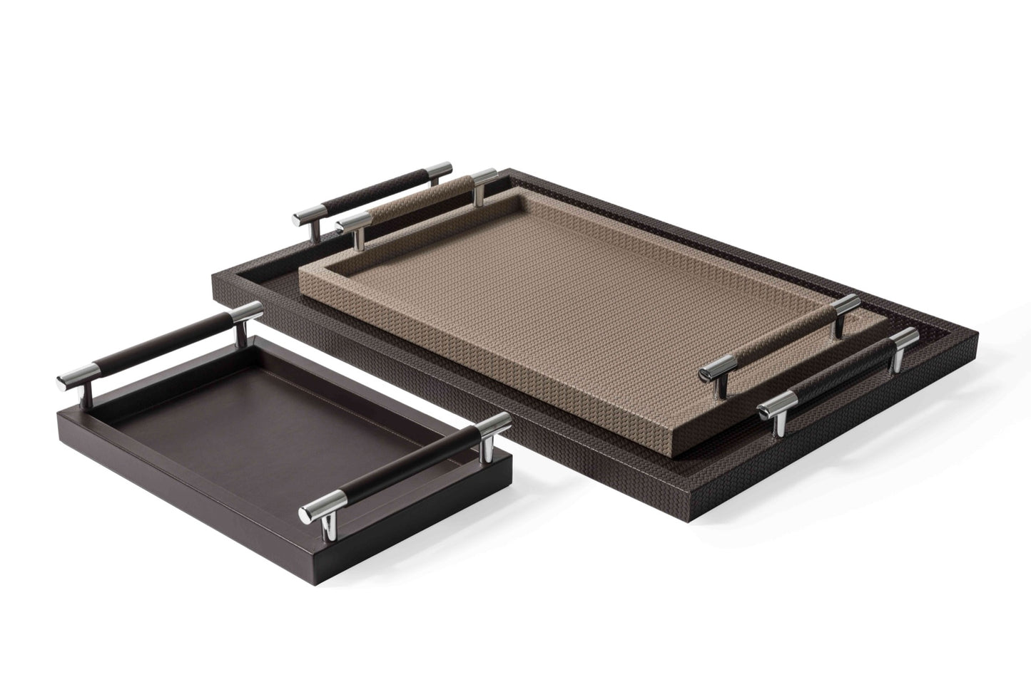 Dedalo  Leather-Covered Wood Tray with Metal Handles