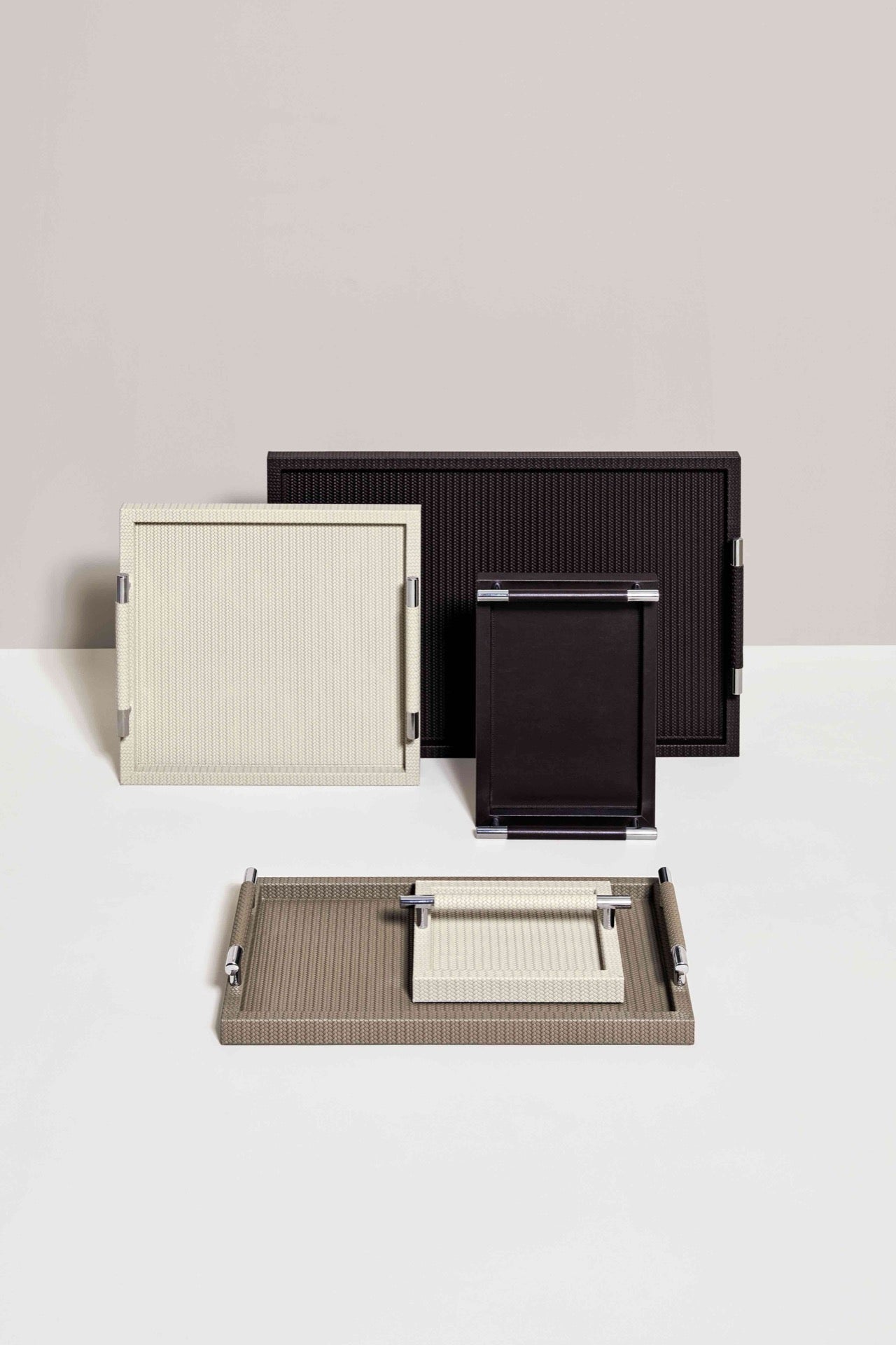 Dedalo  Leather-Covered Wood Tray with Metal Handles