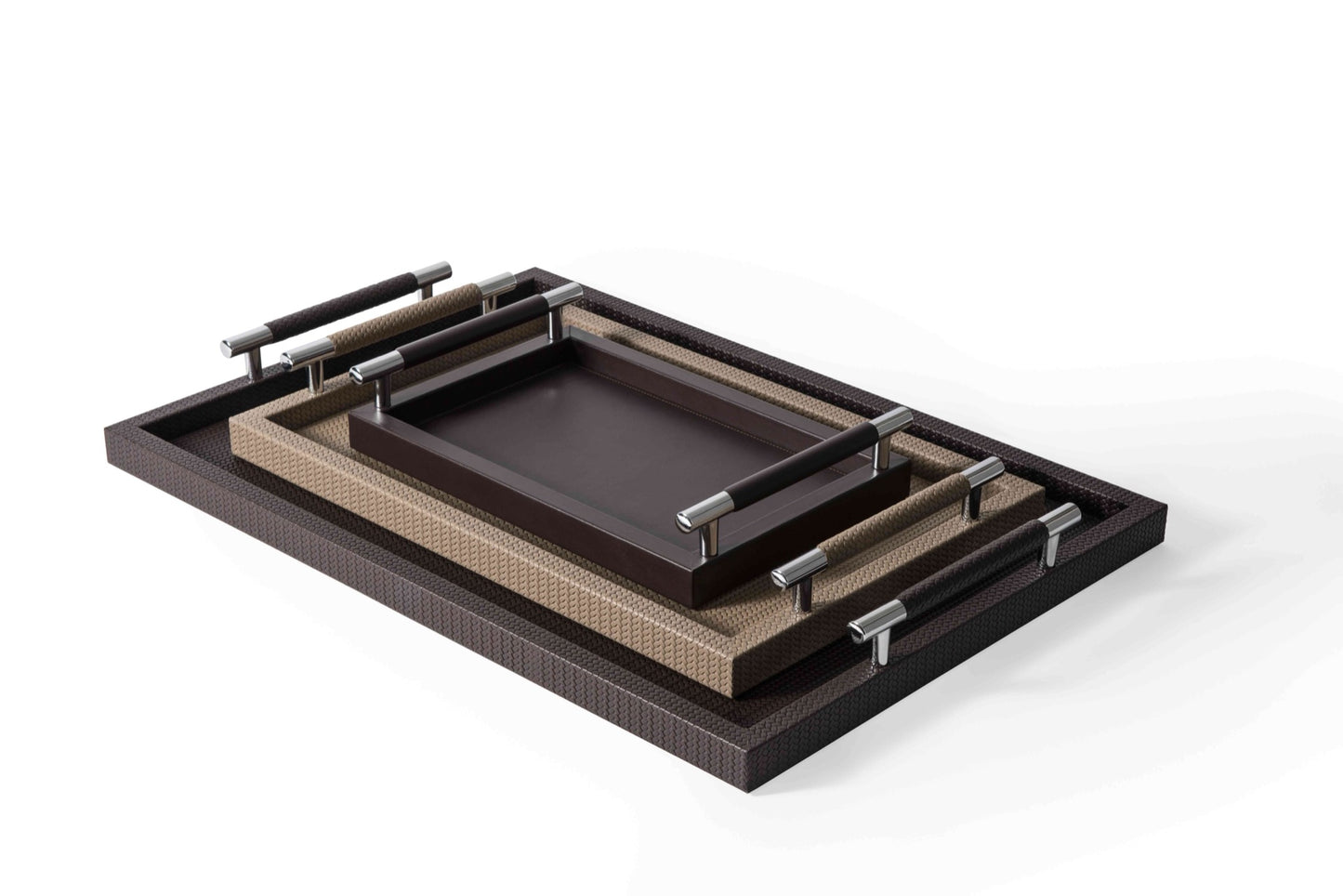 Dedalo  Leather-Covered Wood Tray with Metal Handles