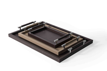 Dedalo  Leather-Covered Wood Tray with Metal Handles