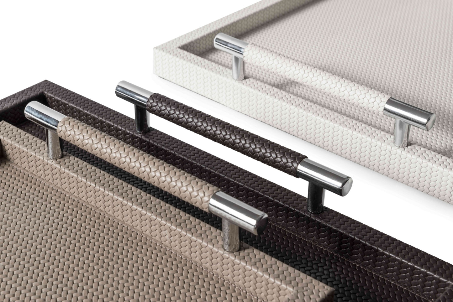 Dedalo  Leather-Covered Wood Tray with Metal Handles