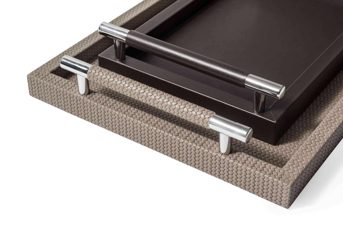 Dedalo  Leather-Covered Wood Tray with Metal Handles