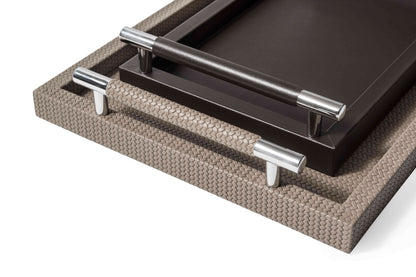 Dedalo  Leather-Covered Wood Tray with Metal Handles