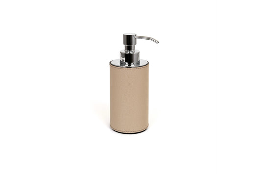 Pinetti | Poseidon Leather-Covered Soap Dispenser: Leather soap dispenser in square and round formats, chrome or shiny gold | Bathroom | 2Jour Concierge, your luxury lifestyle shop | luxury soap dispenser, leather bathroom accessory, Pinetti bathroom set, Poseidon collection, Italian luxury bathroom, designer soap dispenser, chrome gold bathroom accessories, premium vanity accessory