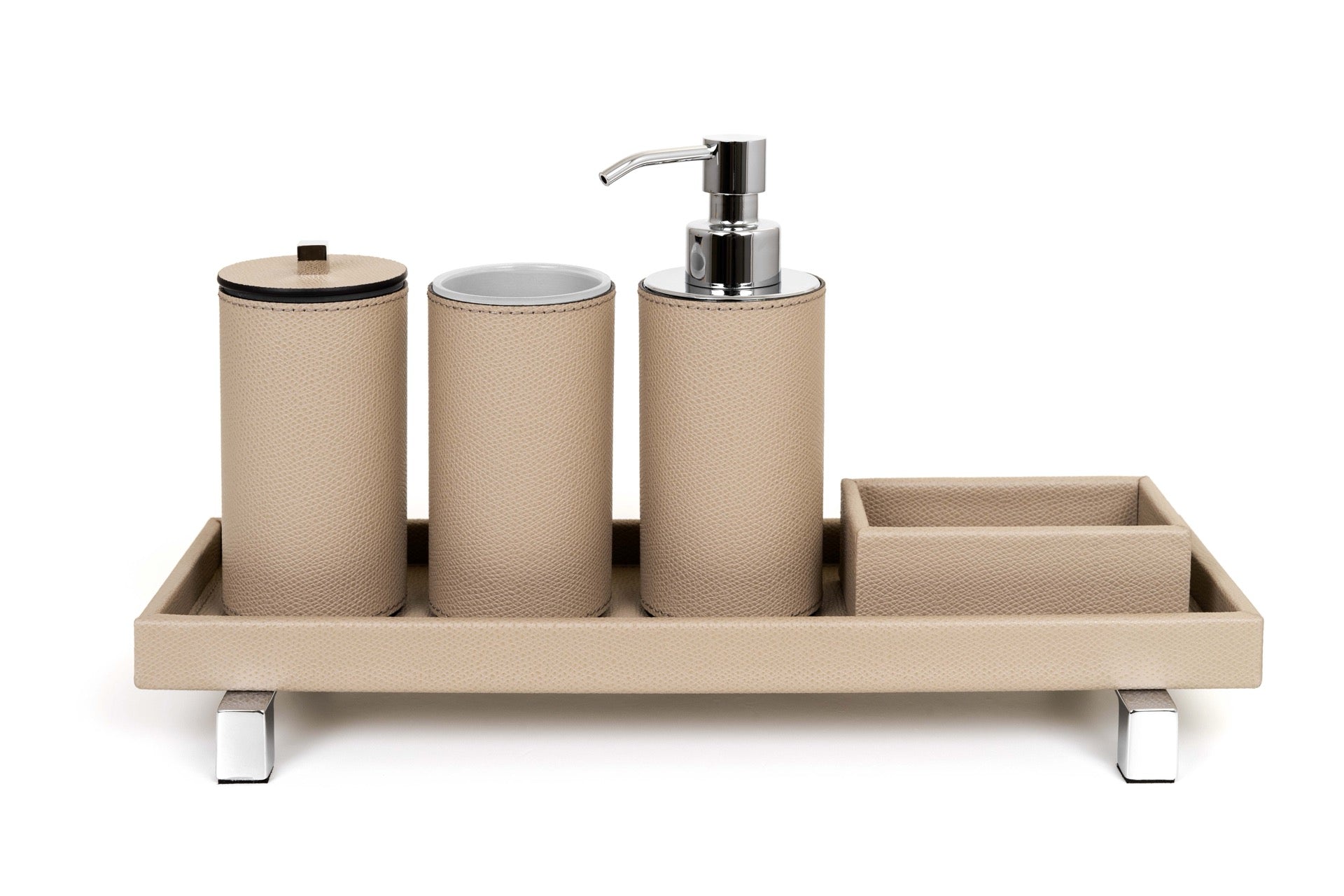 Pinetti | Poseidon Leather-Covered Soap Dispenser: Leather soap dispenser in square and round formats, chrome or shiny gold | Bathroom | 2Jour Concierge, your luxury lifestyle shop | luxury soap dispenser, leather bathroom accessory, Pinetti bathroom set, Poseidon collection, Italian luxury bathroom, designer soap dispenser, chrome gold bathroom accessories, premium vanity accessory