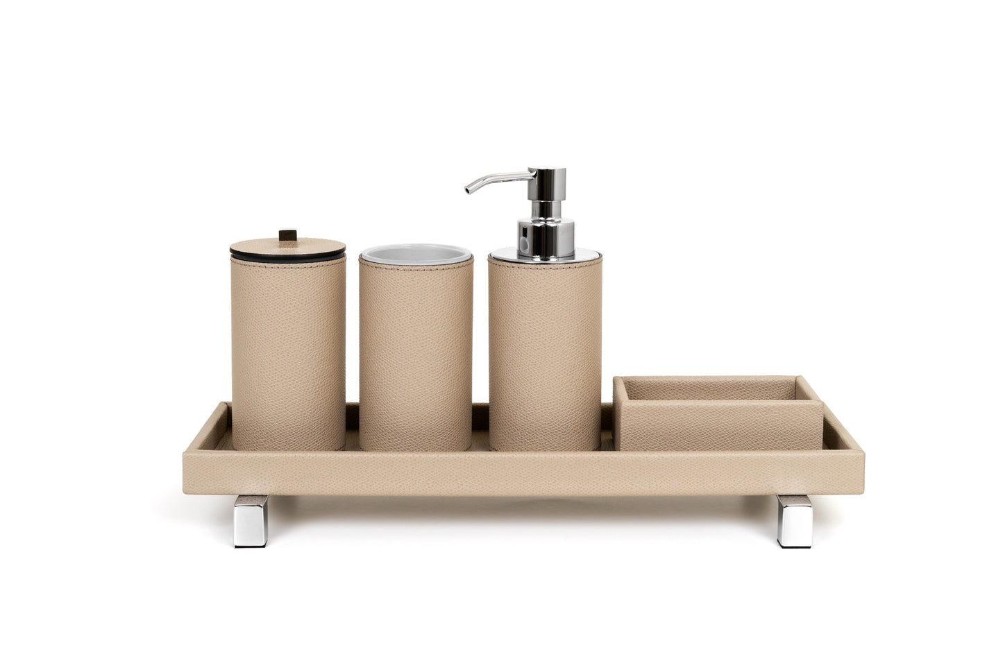 Pinetti | Poseidon Leather-Covered Soap Dispenser: Leather soap dispenser in square and round formats, chrome or shiny gold | Bathroom | 2Jour Concierge, your luxury lifestyle shop | luxury soap dispenser, leather bathroom accessory, Pinetti bathroom set, Poseidon collection, Italian luxury bathroom, designer soap dispenser, chrome gold bathroom accessories, premium vanity accessory