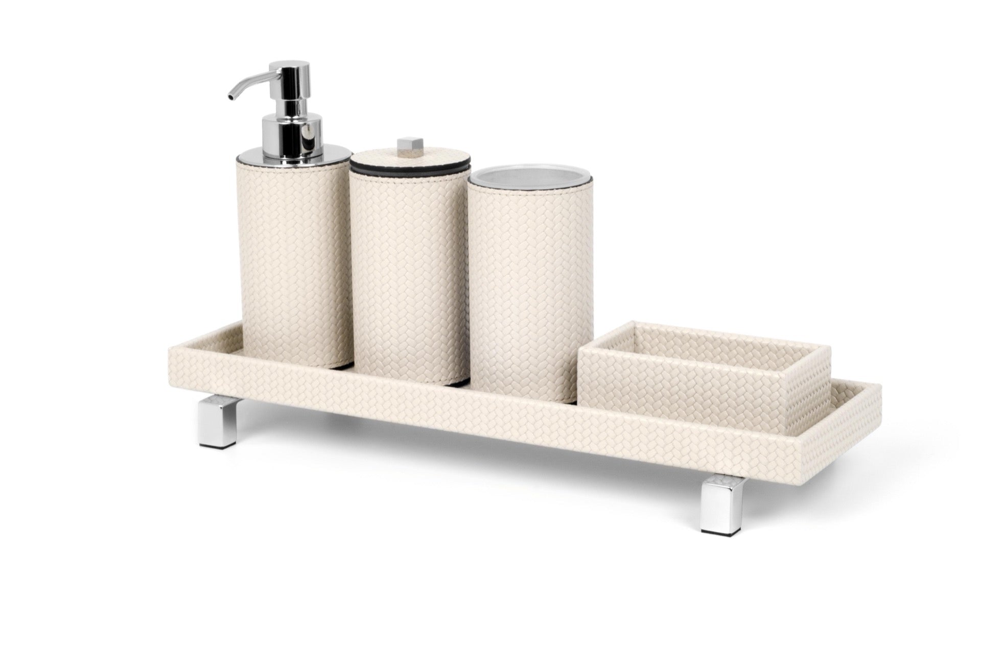 Pinetti | Poseidon Leather-Covered Soap Dispenser: Leather soap dispenser in square and round formats, chrome or shiny gold | Bathroom | 2Jour Concierge, your luxury lifestyle shop | luxury soap dispenser, leather bathroom accessory, Pinetti bathroom set, Poseidon collection, Italian luxury bathroom, designer soap dispenser, chrome gold bathroom accessories, premium vanity accessory