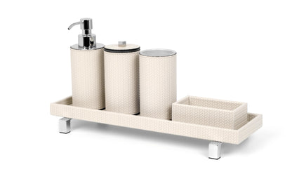 Pinetti | Poseidon Leather-Covered Soap Dispenser: Leather soap dispenser in square and round formats, chrome or shiny gold | Bathroom | 2Jour Concierge, your luxury lifestyle shop | luxury soap dispenser, leather bathroom accessory, Pinetti bathroom set, Poseidon collection, Italian luxury bathroom, designer soap dispenser, chrome gold bathroom accessories, premium vanity accessory
