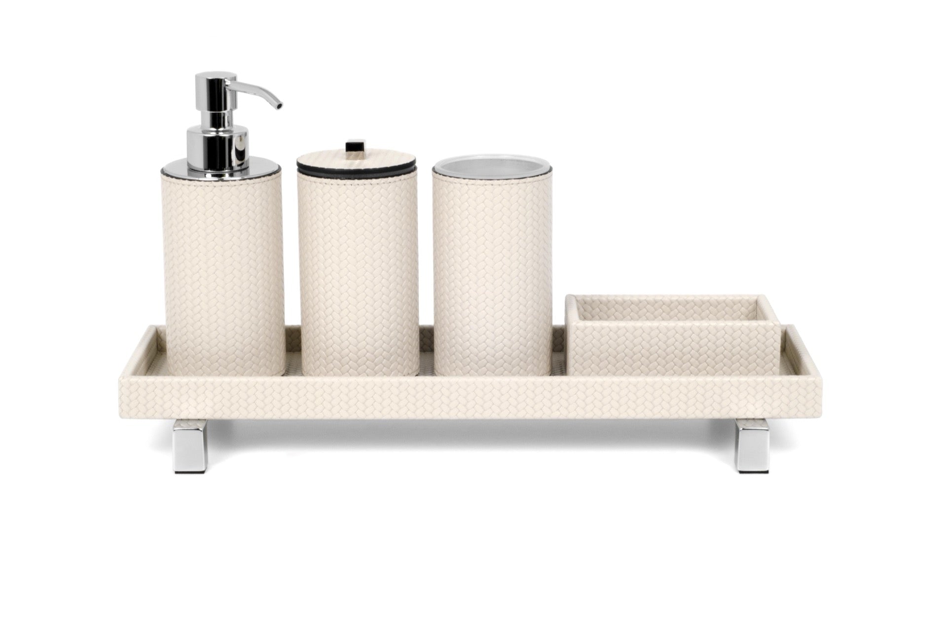 Pinetti | Poseidon Leather-Covered Soap Dispenser: Leather soap dispenser in square and round formats, chrome or shiny gold | Bathroom | 2Jour Concierge, your luxury lifestyle shop | luxury soap dispenser, leather bathroom accessory, Pinetti bathroom set, Poseidon collection, Italian luxury bathroom, designer soap dispenser, chrome gold bathroom accessories, premium vanity accessory