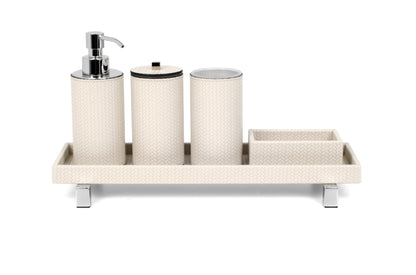 Pinetti | Poseidon Leather-Covered Soap Dispenser: Leather soap dispenser in square and round formats, chrome or shiny gold | Bathroom | 2Jour Concierge, your luxury lifestyle shop | luxury soap dispenser, leather bathroom accessory, Pinetti bathroom set, Poseidon collection, Italian luxury bathroom, designer soap dispenser, chrome gold bathroom accessories, premium vanity accessory