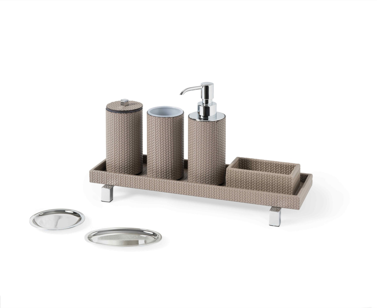 Pinetti | Poseidon Leather-Covered Soap Dispenser: Leather soap dispenser in square and round formats, chrome or shiny gold | Bathroom | 2Jour Concierge, your luxury lifestyle shop | luxury soap dispenser, leather bathroom accessory, Pinetti bathroom set, Poseidon collection, Italian luxury bathroom, designer soap dispenser, chrome gold bathroom accessories, premium vanity accessory