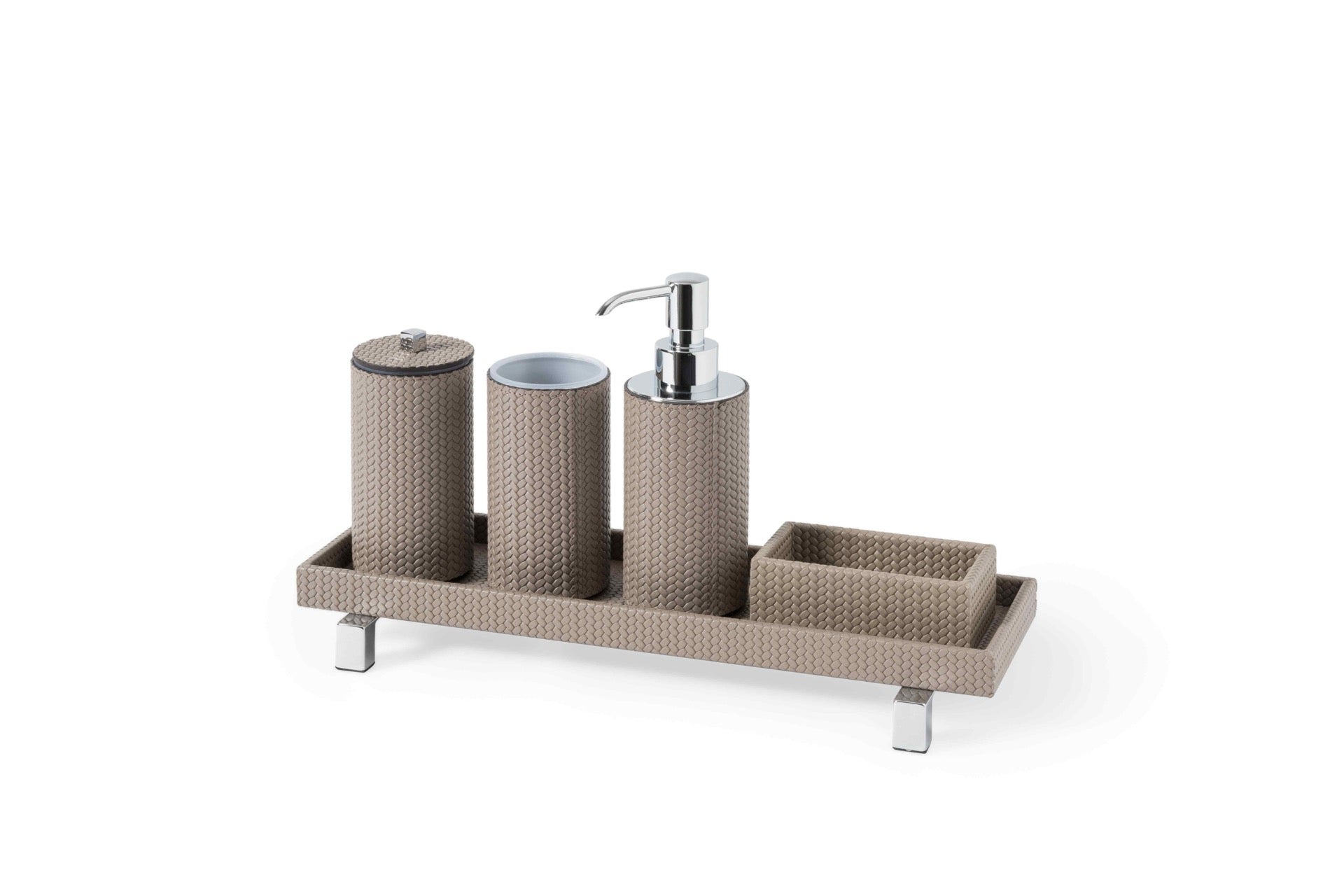 Pinetti | Poseidon Leather-Covered Soap Dispenser: Leather soap dispenser in square and round formats, chrome or shiny gold | Bathroom | 2Jour Concierge, your luxury lifestyle shop | luxury soap dispenser, leather bathroom accessory, Pinetti bathroom set, Poseidon collection, Italian luxury bathroom, designer soap dispenser, chrome gold bathroom accessories, premium vanity accessory