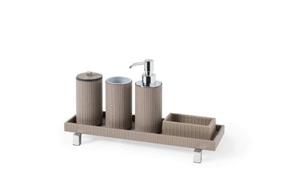 Pinetti | Poseidon Leather-Covered Soap Dispenser: Leather soap dispenser in square and round formats, chrome or shiny gold | Bathroom | 2Jour Concierge, your luxury lifestyle shop | luxury soap dispenser, leather bathroom accessory, Pinetti bathroom set, Poseidon collection, Italian luxury bathroom, designer soap dispenser, chrome gold bathroom accessories, premium vanity accessory