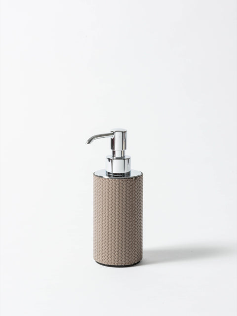 Pinetti | Poseidon Leather-Covered Soap Dispenser: Leather soap dispenser in square and round formats, chrome or shiny gold | Bathroom | 2Jour Concierge, your luxury lifestyle shop | luxury soap dispenser, leather bathroom accessory, Pinetti bathroom set, Poseidon collection, Italian luxury bathroom, designer soap dispenser, chrome gold bathroom accessories, premium vanity accessory
