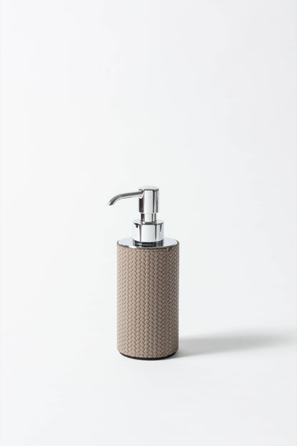 Pinetti | Poseidon Leather-Covered Soap Dispenser: Leather soap dispenser in square and round formats, chrome or shiny gold | Bathroom | 2Jour Concierge, your luxury lifestyle shop | luxury soap dispenser, leather bathroom accessory, Pinetti bathroom set, Poseidon collection, Italian luxury bathroom, designer soap dispenser, chrome gold bathroom accessories, premium vanity accessory